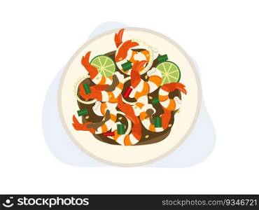 Spicy cooked Shrimp Salad or cooked Shrimp in pickle Fish Sauce. Delicious food. Thai food. top view. cartoon vector illustration