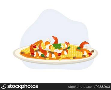spicy cooked shrimp salad with corn. Thai food, Seafood.
Flat vector cartoon illustraation 