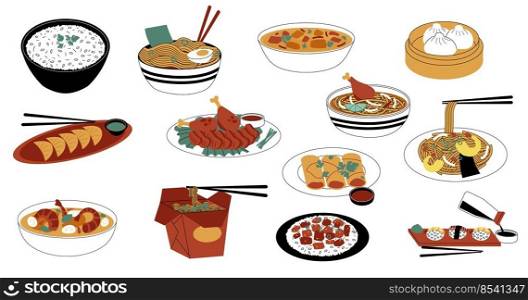 Spicy eastern food. Doodle asian Chinese Japanese and Korean traditional meal with rice seafood spices and sauces, sushi and soup with noodles in bowls. Vector set of asian spicy food illustration. Spicy eastern food. Doodle asian Chinese Japanese and Korean traditional meal with rice seafood spices and sauces, sushi and soup with noodles in bowls. Vector set
