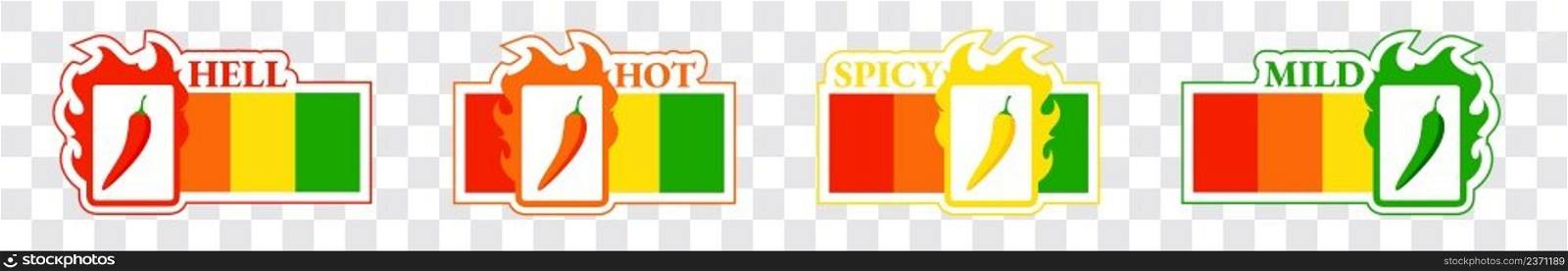 Spicy hot chili pepper icons set with flame and rating of spicy Mild, medium hot and extra hot level of pepper sauce or snack food Chili pepper or chile habanero and jalapeno level Hot pepper sign. Spicy hot chili pepper icons set with flame and rating of spicy Mild, medium hot and extra hot level of pepper sauce