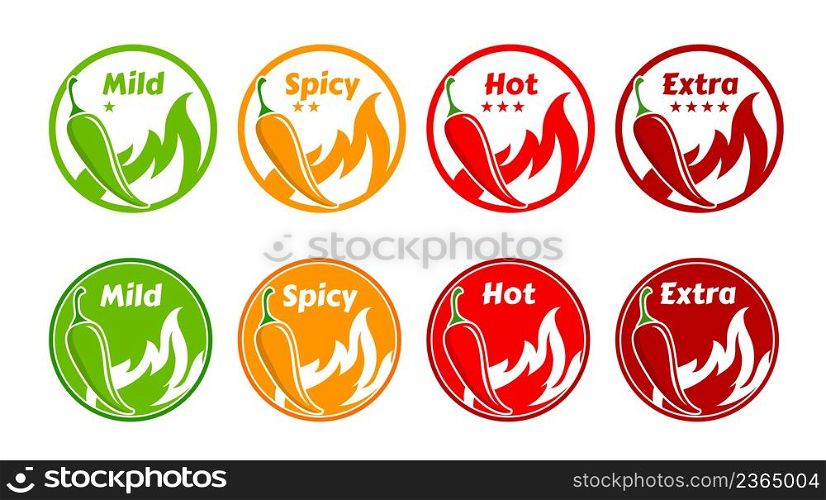 Spicy level labels with fire flames, chilli peppers and rating stars. Hot mexican food or sauce spicy taste rating vector stickers, cayenne pepper capsaicin levels mind, spicy and extra round signs. Spicy level labels with fire flames, chili peppers