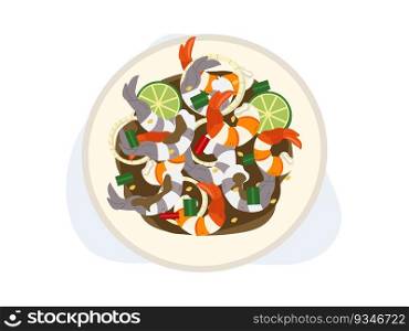 Spicy mixing cooked and raw Shrimp Salad. Thai Shrimp salad in pickle Fish Sauce. Delicious food. Thai food. Top view. cartoon vector illustration