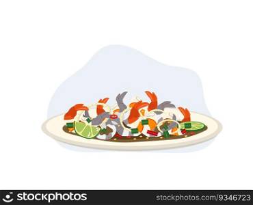 Spicy mixing cooked and raw Shrimp Salad. Thai Shrimp salad in pickle Fish Sauce. Delicious food. Thai food. cartoon vector illustration