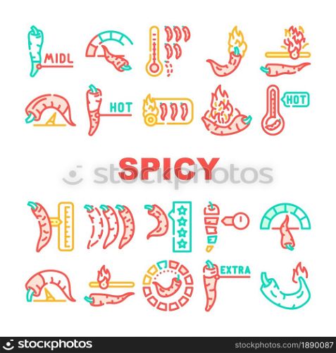 Spicy Pepper Different Scale Icons Set Vector. Burning Cayenne Spice Pepper Flavoring For Measuring Cooked Dish Line. Extra, Hot And Middle Spiced Meal Vegetable Color Illustrations. Spicy Pepper Different Scale Icons Set Vector