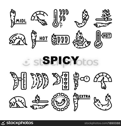 Spicy Pepper Different Scale Icons Set Vector. Burning Cayenne Spice Pepper Flavoring For Measuring Cooked Dish Line. Extra, Hot And Middle Spiced Meal Vegetable Contour Illustrations. Spicy Pepper Different Scale Icons Set Vector