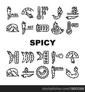 Spicy Pepper Different Scale Icons Set Vector. Burning Cayenne Spice Pepper Flavoring For Measuring Cooked Dish Line. Extra, Hot And Middle Spiced Meal Vegetable Contour Illustrations. Spicy Pepper Different Scale Icons Set Vector