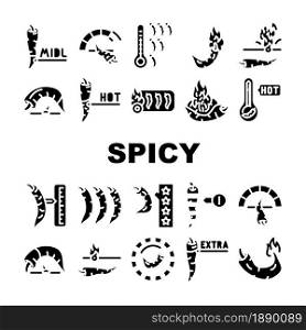 Spicy Pepper Different Scale Icons Set Vector. Burning Cayenne Spice Pepper Flavoring For Measuring Cooked Dish Line. Extra, Hot And Middle Spiced Meal Vegetable Glyph Pictograms Black Illustrations. Spicy Pepper Different Scale Icons Set Vector