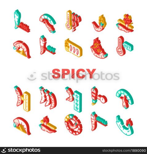 Spicy Pepper Different Scale Icons Set Vector. Burning Cayenne Spice Pepper Flavoring For Measuring Cooked Dish Line. Extra, Hot And Middle Spiced Meal Vegetable Isometric Sign Color Illustrations. Spicy Pepper Different Scale Icons Set Vector