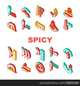 Spicy Pepper Different Scale Icons Set Vector. Burning Cayenne Spice Pepper Flavoring For Measuring Cooked Dish Line. Extra, Hot And Middle Spiced Meal Vegetable Isometric Sign Color Illustrations. Spicy Pepper Different Scale Icons Set Vector