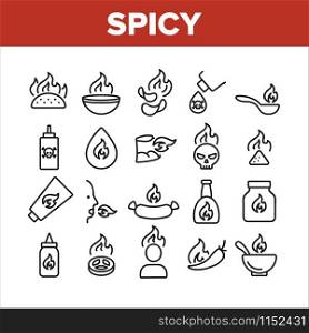 Spicy Sauce And Food Collection Icons Set Vector Thin Line. Spicy Pepper And Chips, Tacos And Sausage, Burning Human And Skull Concept Linear Pictograms. Monochrome Contour Illustrations. Spicy Sauce And Food Collection Icons Set Vector