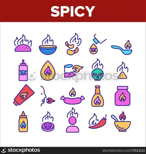 Spicy Sauce And Food Collection Icons Set Vector Thin Line. Spicy Pepper And Chips, Tacos And Sausage, Burning Human And Skull Concept Linear Pictograms. Color Illustrations. Spicy Sauce And Food Collection Icons Set Vector