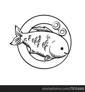 Spicy tasty grilled ocean fish served on plate with slices of fresh carrot, for seafood menu design. Sketch image