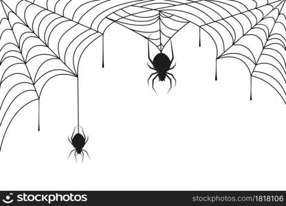 Spider on black cobweb. Halloween background or frame with weaving web in corner and silhouette of horror spiders vector image for creepy holiday decoration. Spider on black cobweb. Halloween background or frame with weaving web in corner and silhouette of horror spiders vector image