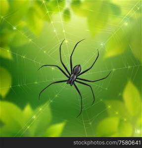 Spider on web realistic composition with blurry nature background with leaves and spiderweb with hanging insect vector illustration