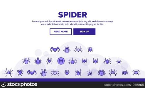 Spider Silhouette Landing Web Page Header Banner Template Vector. Danger Poison Arachnid Spider Concept Linear Pictograms. Creepy And Spooky Animal Insect Wildlife Illustration. Spider Silhouette Landing Header Vector
