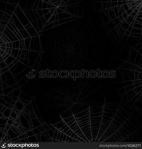 Spider web background. Spooky cobweb for halloween, black grunge poster with spider webs silhouette texture. Scary party vector realistic horror isolated dark spiderweb design. Spider web background. Spooky cobweb for halloween, black grunge poster with spider webs silhouette texture. Scary party vector design