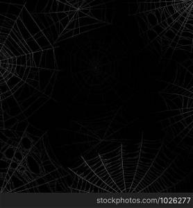 Spider web background. Spooky cobweb for halloween, black grunge poster with spider webs silhouette texture. Scary party vector realistic horror isolated dark spiderweb design. Spider web background. Spooky cobweb for halloween, black grunge poster with spider webs silhouette texture. Scary party vector design