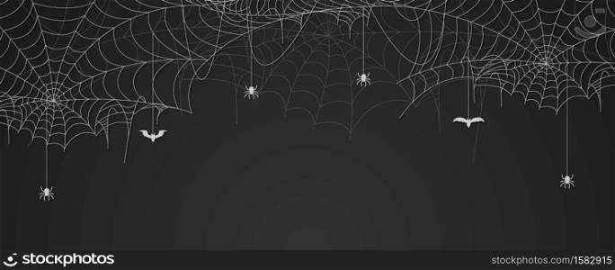 Spider web banner with spiders and bats hanging, cobweb background, copy space