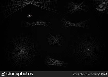 Spider web. Cobweb silhouette for halloween decoration, gossamer trap. Scary horror webs, spooky garden realistic web vector spiderwebs texture set. Spider web. Cobweb silhouette for halloween decoration, gossamer trap. Scary horror webs, spooky garden realistic web vector set