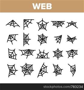 Spider Web, Cobweb Vector Linear Icons Set. SpiderWeb, Spider Trap For Insects Outline Symbols Pack. Halloween Spooky Decoration. Abandoned Place. Natural Thread Isolated Contour Illustrations. Spider Web, Cobweb Vector Linear Icons Set