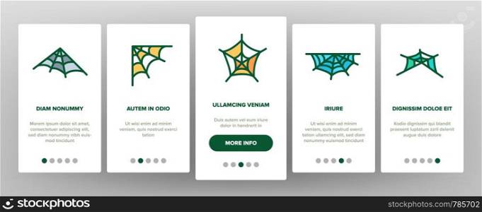 Spider Web, Cobweb Vector Onboarding Mobile App Page Screen. SpiderWeb, Spider Trap For Insects Outline Symbols Pack. Halloween Spooky Decoration. Abandoned Place. Natural Thread Illustrations. Spider Web, Cobweb Vector Onboarding