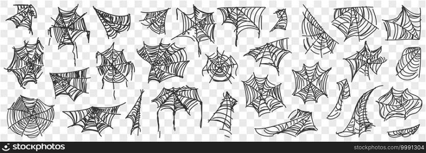 Spider web patterns doodle set. Collection of hand drawn silhouette of natural patterns of spider webs in corners on trees isolated on transparent background. Spider web patterns doodle set