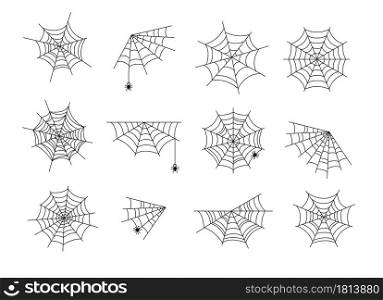 Spider webs. Black halloween cobweb, horror web with spiders. Abstract spooky tattoo, isolated corner nature gossamer vector illustration. Halloween silhouette horror spider web. Spider webs. Black halloween cobweb, horror web with spiders. Abstract spooky tattoo, isolated corner nature gossamer vector illustration