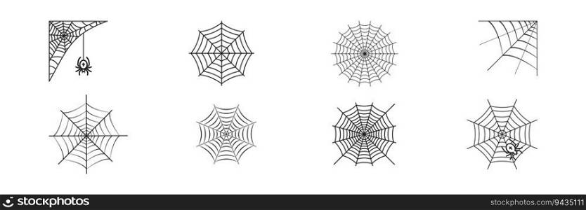 Spiderweb icon set. Halloween design. Concept of horror. Spooky. Web, cobweb, signs. Gothic, tattoo, trap symbol. Vector illustration. 