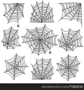 Spiderweb. Spooky cobweb and web corners with spider. Halloween vector icons isolated on white background. Spooky corner for halloween, scary spider silhouette illustration. Spiderweb. Spooky cobweb and web corners with spider. Halloween vector icons isolated on white background