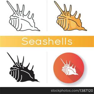 Spiked seashell black glyph icon. Exotic sea shell, conchology silhouette symbol on white space. Tropical beach souvenir, cockleshell. Empty molluscan conch with spikes vector isolated illustration. Spiked seashell icon