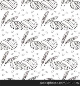 Spikelets of wheat and bread seamless pattern. Ears with grains and ready baked long loaf hand engraving sketch. Template for packaging, paper, background for product design vector illustration. Spikelets of wheat and bread seamless pattern