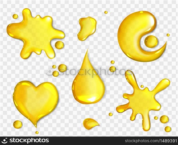 Spills of yellow juice or oil isolated on transparent background. Vector realistic set of liquid puddles in shape of heart, blob and Yin Yang, orange or mango juice drops, honey flows top view. Spills of yellow juice or oil top view