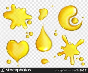 Spills of yellow juice or oil isolated on transparent background. Vector realistic set of liquid puddles in shape of heart, blob and Yin Yang, orange or mango juice drops, honey flows top view. Spills of yellow juice or oil top view