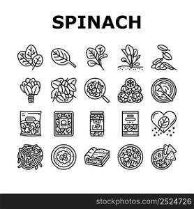 Spinach Healthy Eatery Ingredient Icons Set Vector. Spinach Soup And Spaghetti, Pasta And Pie. Natural Vitamin Ingredient Canned And In Plastic Box. Frozen And Raw Leaves Black Contour Illustrations. Spinach Healthy Eatery Ingredient Icons Set Vector