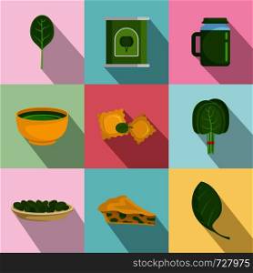 Spinach salad leaves vegetables icons set. Flat illustration of 9 spinach salad leaves vegetables vector icons for web. Spinach leaves vegetables icons set, flat style