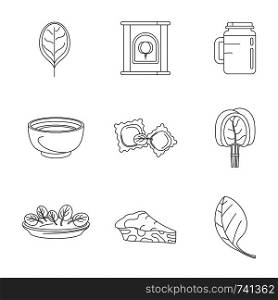 Spinach salad leaves vegetables icons set. Outline illustration of 9 spinach salad leaves vegetables vector icons for web. Spinach leaves vegetables icons set, outline style