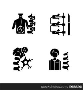 Spinal column disorders black glyph icons set on white space. Degenerative scoliosis. Neuromuscular disability. Orthopedic doctor and surgeon. Silhouette symbols. Vector isolated illustration. Spinal column disorders black glyph icons set on white space