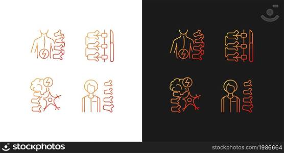 Spinal column disorders gradient icons set for dark and light mode. Neuromuscular disability. Thin line contour symbols bundle. Isolated vector outline illustrations collection on black and white. Spinal column disorders gradient icons set for dark and light mode