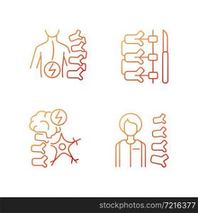 Spinal column disorders gradient linear vector icons set. Scoliosis. Neuromuscular disability. Orthopedic doctor. Thin line contour symbols bundle. Isolated outline illustrations collection. Spinal column disorders gradient linear vector icons set