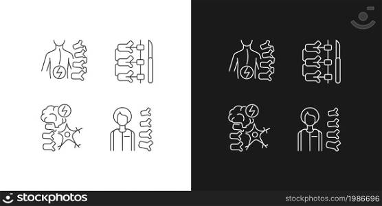 Spinal column disorders linear icons set for dark and light mode. Scoliosis. Neuromuscular disability. Customizable thin line symbols. Isolated vector outline illustrations. Editable stroke. Spinal column disorders linear icons set for dark and light mode