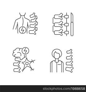 Spinal column disorders linear icons set. Scoliosis and neuromuscular disability. Orthopedic surgeon. Customizable thin line contour symbols. Isolated vector outline illustrations. Editable stroke. Spinal column disorders linear icons set