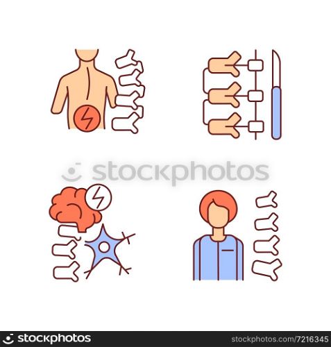 Spinal column disorders RGB color icons set. Scoliosis. Neuromuscular disability. Orthopedic doctor and surgeon. Isolated vector illustrations. Simple filled line drawings collection. Editable stroke. Spinal column disorders RGB color icons set