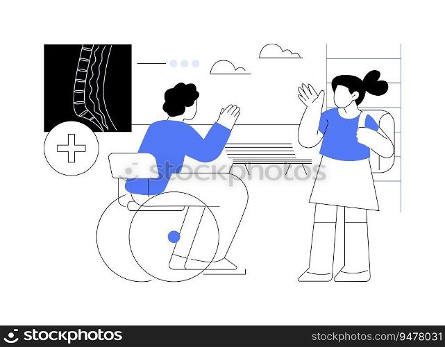 Spinal cord injury assistive devices abstract concept vector illustration. Patient using disabled carriage after spinal cord injury, physical medicine and rehabilitation abstract metaphor.. Spinal cord injury assistive devices abstract concept vector illustration.