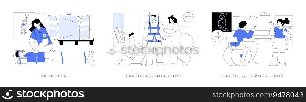 Spinal cord injury medicine abstract concept vector illustration set. Immobilization, spinal cord injury rehabilitation, assistive devices, physical medicine and rehabilitation abstract metaphor.. Spinal cord injury medicine abstract concept vector illustrations.