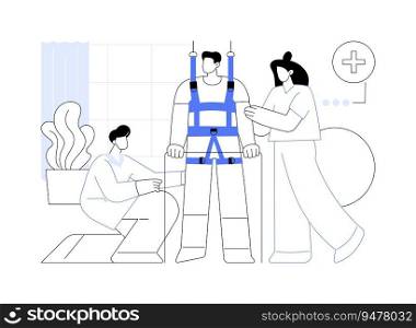 Spinal cord injury rehabilitation abstract concept vector illustration. Patient undergoing rehabilitation after spinal cord injury, physical medicine, osteoporosis diagnosis abstract metaphor.. Spinal cord injury rehabilitation abstract concept vector illustration.
