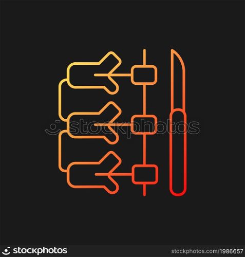 Spinal fusion gradient vector icon for dark theme. Spine vertebrae connecting operation. Surgical spine correction. Thin line color symbol. Modern style pictogram. Vector isolated outline drawing. Spinal fusion gradient vector icon for dark theme