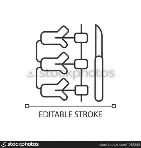 Spinal fusion linear icon. Vertebrae connecting operation. Backbone surgical correction. Thin line customizable illustration. Contour symbol. Vector isolated outline drawing. Editable stroke. Spinal fusion linear icon