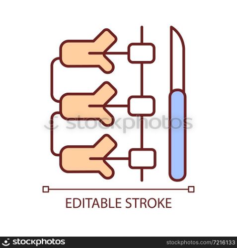 Spinal fusion RGB color icon. Spine vertebrae connecting operation. Backbone surgical correction. Orthopedic surgery. Isolated vector illustration. Simple filled line drawing. Editable stroke. Spinal fusion RGB color icon