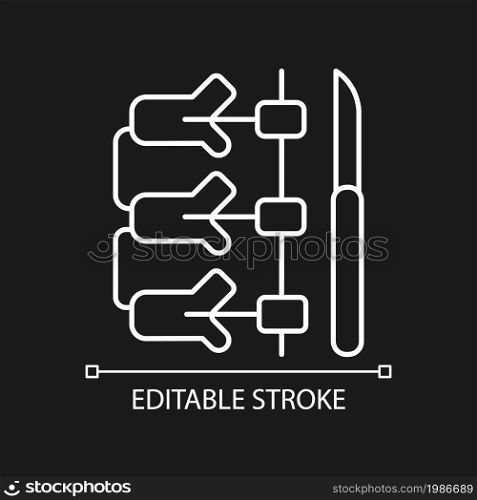 Spinal fusion white linear icon for dark theme. Spine vertebrae connecting operation. Thin line customizable illustration. Isolated vector contour symbol for night mode. Editable stroke. Spinal fusion white linear icon for dark theme