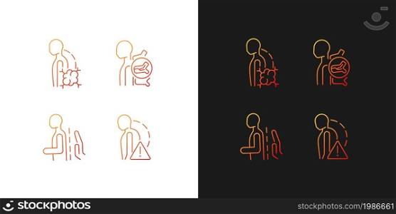 Spinal problems gradient icons set for dark and light mode. Backbone diseases and traumas. Thin line contour symbols bundle. Isolated vector outline illustrations collection on black and white. Spinal problems gradient icons set for dark and light mode